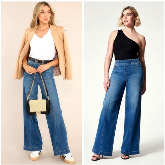 Vintage Spanx Jeans Wide Leg Indigo Blue Pull On High Rise 70s Flare Y2K - Picture 1 of 7
